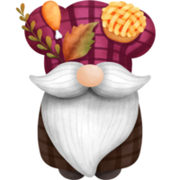 Watercolor thanksgiving gnome with pumpkin pie and autumn leaves. png