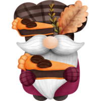 Watercolor whimsical gnome with acorn pie and autumn leaves clipart.Thanksgiving gnome illustration. png