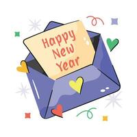 Happy new year greetings card inside letter envelope, concept icon of happy new year greetings card vector