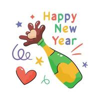 Uncork champagne Bottle showing concept flat sticker of happy new year event, new year party sticker vector