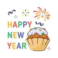 Happy new year 2024 cupcake with fireworks celebrations, icon of new year party vector