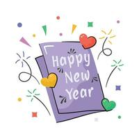 Happy new year greeting card sticker in flat hand drawn style, easy to use and download vector