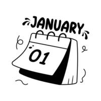 Primero enero fecha en calendario demostración concepto plano pegatina de contento nuevo año calendario icono, mano dibujado vector de nuevo año calendario