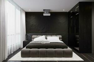 Gray and black Comfy bed with glass door Almira, a large window with white curtain. photo