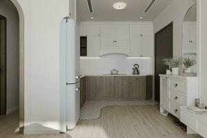 White and wooden decoration in the minimalist kitchen. photo