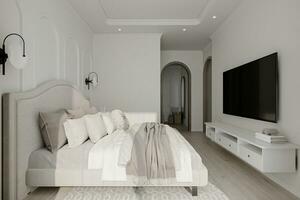 Photo delightful and bright bedroom, some pillows lying on the bed, white wall paint.