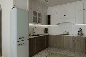 White paint and texture flooring decor in the kitchen. photo