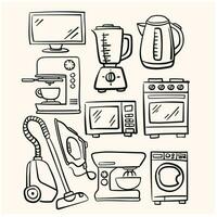 Image of a set of household appliances drawn in a linear doodle style with a cream background vector