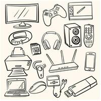 a collection of images of electronic computer gadgets in doodle line art style and a cream color background vector