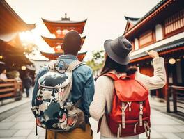 AI generated a photograph couple of traveler or backpaker with a many style and many angle photo