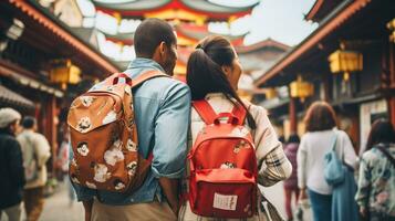AI generated a photograph couple of traveler or backpaker with a many style and many angle photo