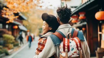AI generated a photograph couple of traveler or backpaker with a many style and many angle photo