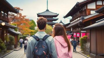 AI generated a photograph couple of traveler or backpaker with a many style and many angle photo