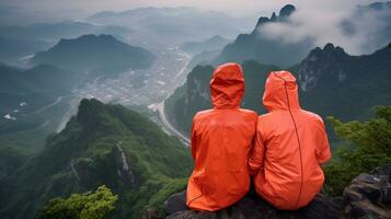 AI generated a photograph couple of traveler or backpaker with a many style and many angle photo