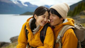 AI generated a photograph couple of traveler or backpaker with a many style and many angle photo