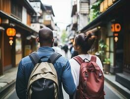 AI generated a photograph couple of traveler or backpaker with a many style and many angle photo