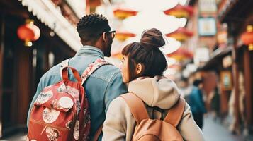AI generated a photograph couple of traveler or backpaker with a many style and many angle photo