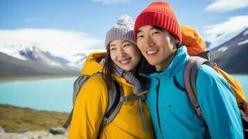 AI generated a photograph couple of traveler or backpaker with a many style and many angle photo