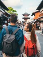 AI generated a photograph couple of traveler or backpaker with a many style and many angle photo