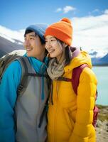 AI generated a photograph couple of traveler or backpaker with a many style and many angle photo