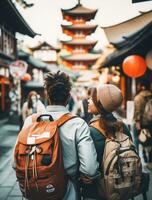 AI generated a photograph couple of traveler or backpaker with a many style and many angle photo