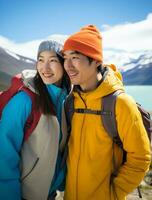 AI generated a photograph couple of traveler or backpaker with a many style and many angle photo