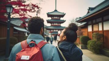 AI generated a photograph couple of traveler or backpaker with a many style and many angle photo