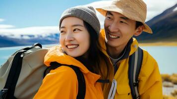 AI generated a photograph couple of traveler or backpaker with a many style and many angle photo