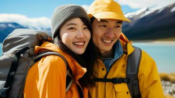 AI generated a photograph couple of traveler or backpaker with a many style and many angle photo