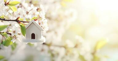 AI generated Toy house and cherry flowers, spring abstract natural background. Generative AI photo