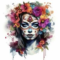 AI generated Woman sugar skull with beautiful colored flowers on white background. AI Generated photo