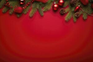 AI generated Christmas or New Year red background with fir decor. AI Generated photo