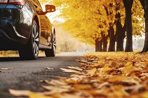 AI generated Car on asphalt road on an autumn day at the park. AI Generated photo