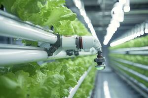 AI generated Automatic Agricultural Technology With Close-up View Of Robotic Arm Harvesting Lettuce In Vertical Hydroponic Plant. AI Generated photo