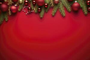 AI generated Christmas or New Year red background with fir decor. AI Generated photo