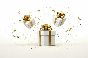 AI generated Merry New Year and Merry Christmas 2024 white gift boxes with golden bows and gold sequins confetti on white background. AI Generated photo