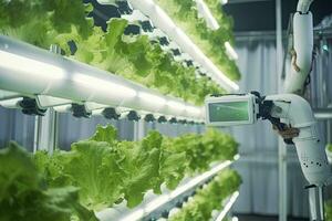 AI generated Automatic Agricultural Technology With Close-up View Of Robotic Arm Harvesting Lettuce In Vertical Hydroponic Plant. AI Generated photo