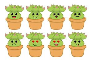 Set of cute cartoon colorful green succulent cactus with different emotions. Funny emotions character collection for kids. Fantasy characters. Vector illustrations, cartoon flat style