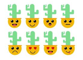 Set of cute cartoon colorful green cactus with different emotions. Funny emotions character collection for kids. Fantasy characters. Vector illustrations, cartoon flat style