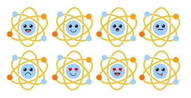 Set of cute cartoon colorful science structure molecule atom with different emotions. Funny emotions character collection for kids. Fantasy characters. Vector illustrations, cartoon flat style