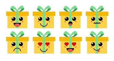 conjunto de linda dibujos animados vistoso amarillo presente regalo con diferente emociones gracioso emociones personaje colección para niños. fantasía caracteres. vector ilustraciones, dibujos animados plano estilo