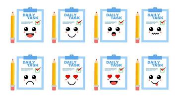 Set of cute cartoon colorful daily task board with different emotions. Funny emotions character collection for kids. Fantasy characters. Vector illustrations, cartoon flat style