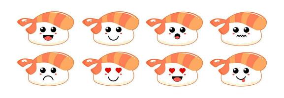 conjunto de linda dibujos animados vistoso frito camarón Sushi con diferente emociones gracioso emociones personaje colección para niños. fantasía caracteres. vector ilustraciones, dibujos animados plano estilo