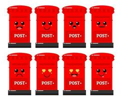 Set of cute cartoon colorful post box with different emotions. Funny emotions character collection for kids. Fantasy characters. Vector illustrations, cartoon flat style