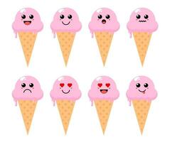 Set of cute cartoon colorful ice cream with different emotions. Funny emotions character collection for kids. Fantasy characters. Vector illustrations, cartoon flat style