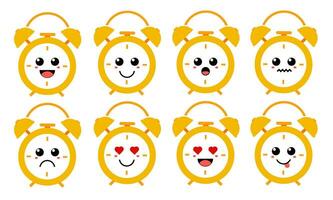 Set of cute cartoon colorful yellow alarm clock with different emotions. Funny emotions character collection for kids. Fantasy characters. Vector illustrations, cartoon flat style