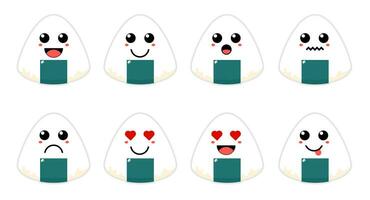 conjunto de linda dibujos animados vistoso Japón arroz pelota con diferente emociones gracioso emociones personaje colección para niños. fantasía caracteres. vector ilustraciones, dibujos animados plano estilo
