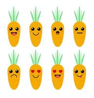 Set of cute cartoon colorful carrot with different emotions. Funny emotions character collection for kids. Fantasy characters. Vector illustrations, cartoon flat style