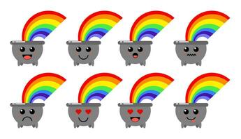 Set of cute cartoon colorful rainbow cauldron with different emotions. Funny emotions character collection for kids. Fantasy characters. Vector illustrations, cartoon flat style