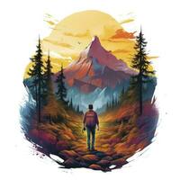 AI generated Vibrant colors wilderness hiking scene for t-shirt. AI Generated photo